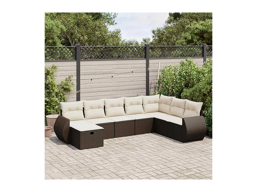Salon de jardin 8 pièces avec coussins marron résine tressée