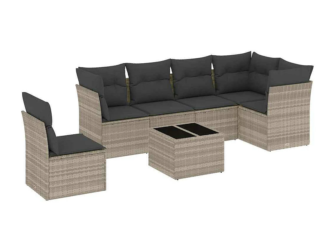 7 peças conj. sofás jardim com almofadões vime PE cinzento-claro