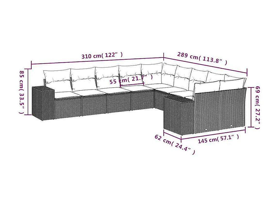 Set sofás jardín 10 piezas con cojines ratán sintético gris claro