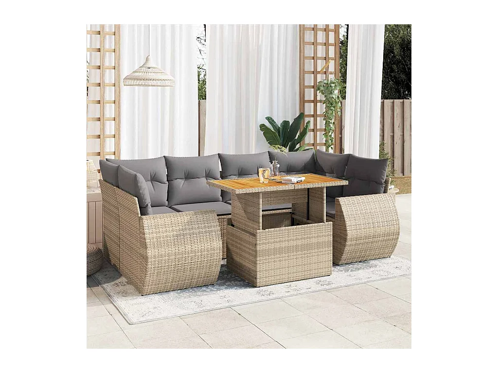 7-delige Loungeset met kussens poly rattan beige