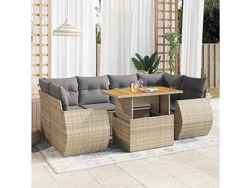 Salon de jardin avec coussins 7 pièces beige résine tressée