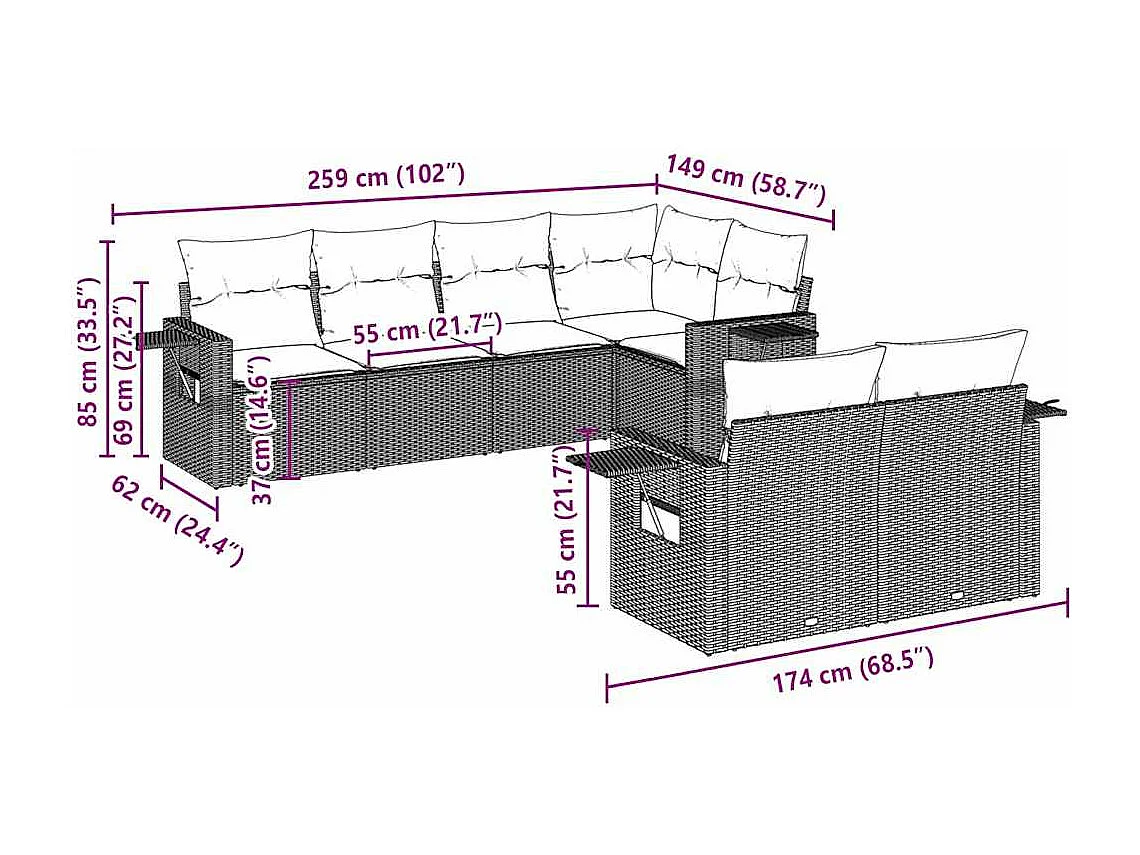 7 peças conj. sofás jardim com almofadões vime PE cinzento-claro