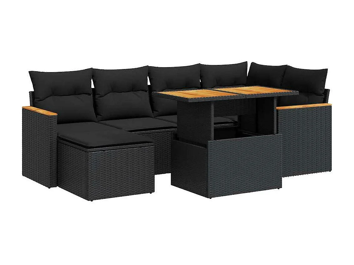 7 peças conjunto sofás jardim com almofadões vime PE/acácia preto