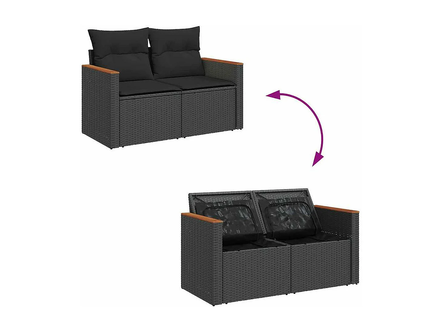 7 peças conjunto sofás jardim com almofadões vime PE/acácia preto