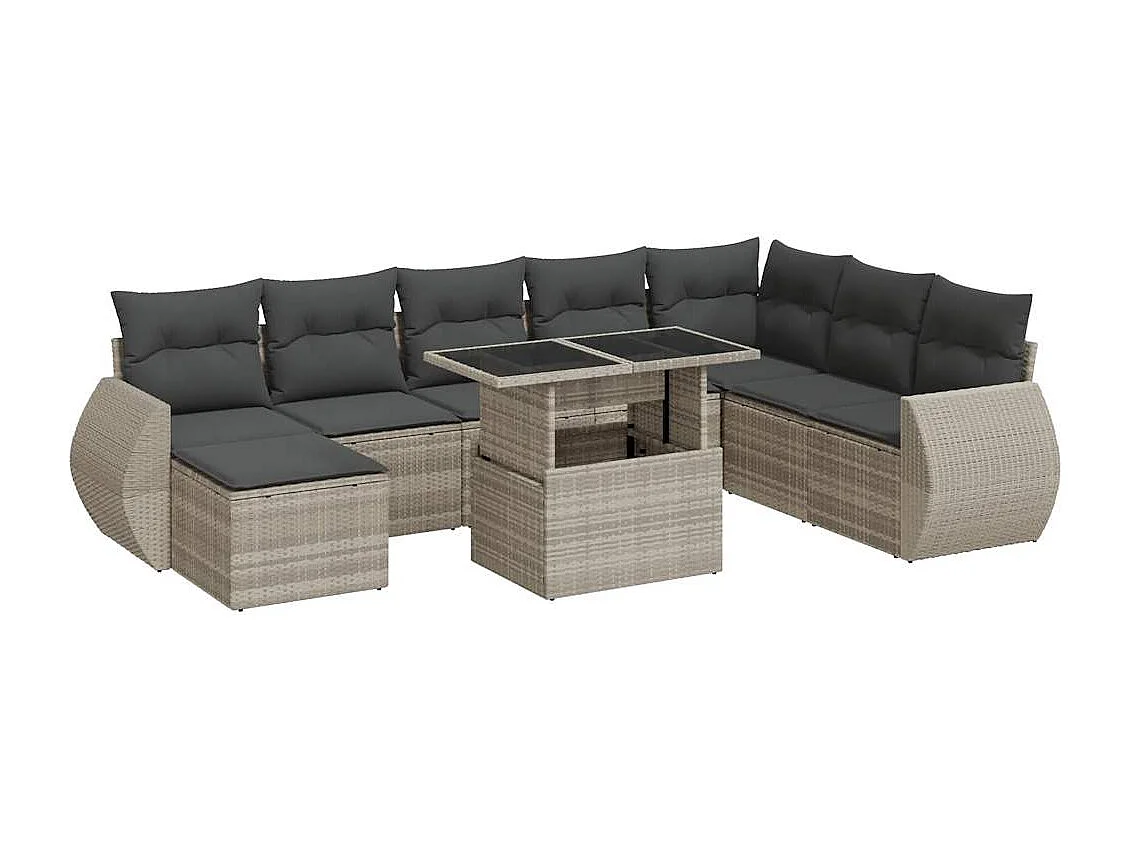 Salon de jardin 9 pièces avec coussins gris clair résine tressée