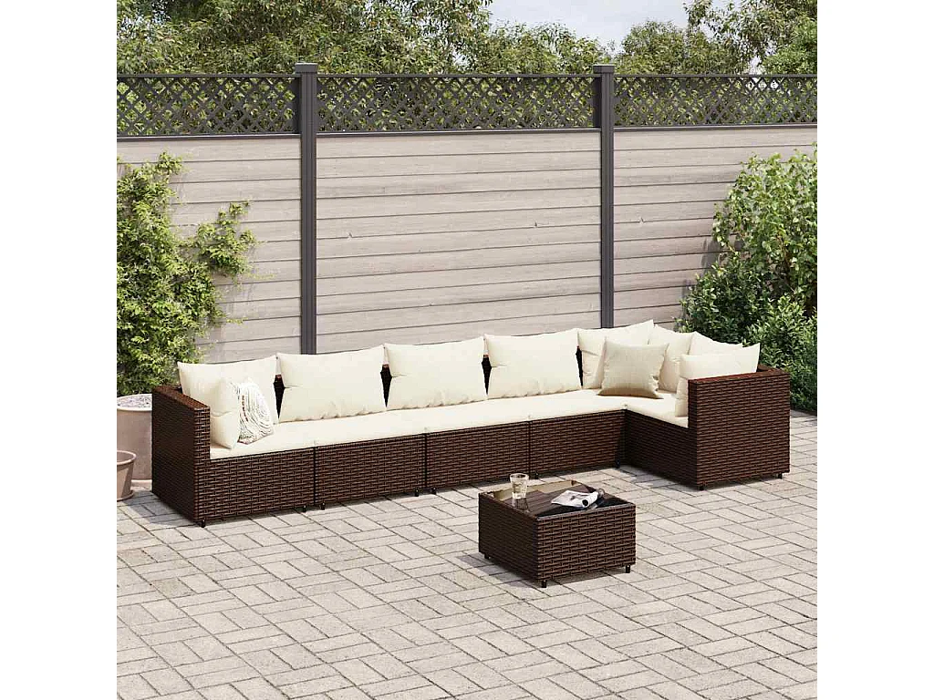 Set muebles de jardín 7 piezas y cojines ratán sintético marrón