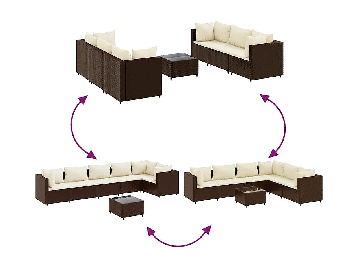 Set muebles de jardín 7 piezas y cojines ratán sintético marrón