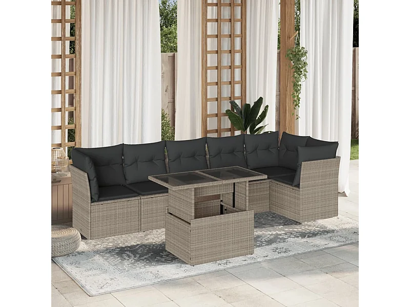 Set de sofás de jardín 7 piezas con cojines ratán PE gris claro