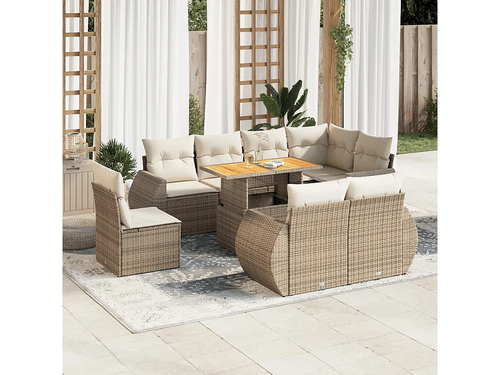 Set de sofás de jardín con cojines 9 piezas ratán sintético beige