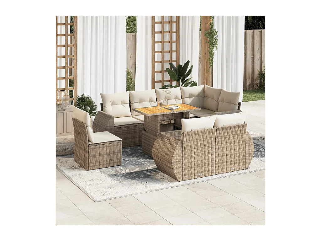 Salon de jardin avec coussins 9 pièces beige résine tressée