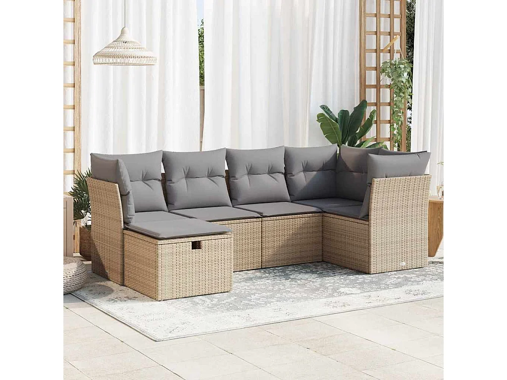 6-delige Loungeset met kussens poly rattan beige