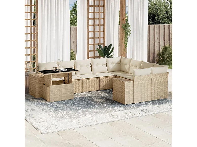 10-delige Loungeset met kussens poly rattan beige