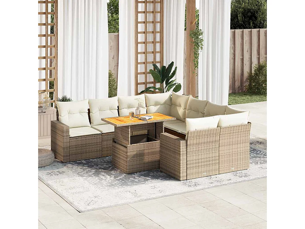 Set de sofás de jardín con cojines 9 piezas ratán sintético beige