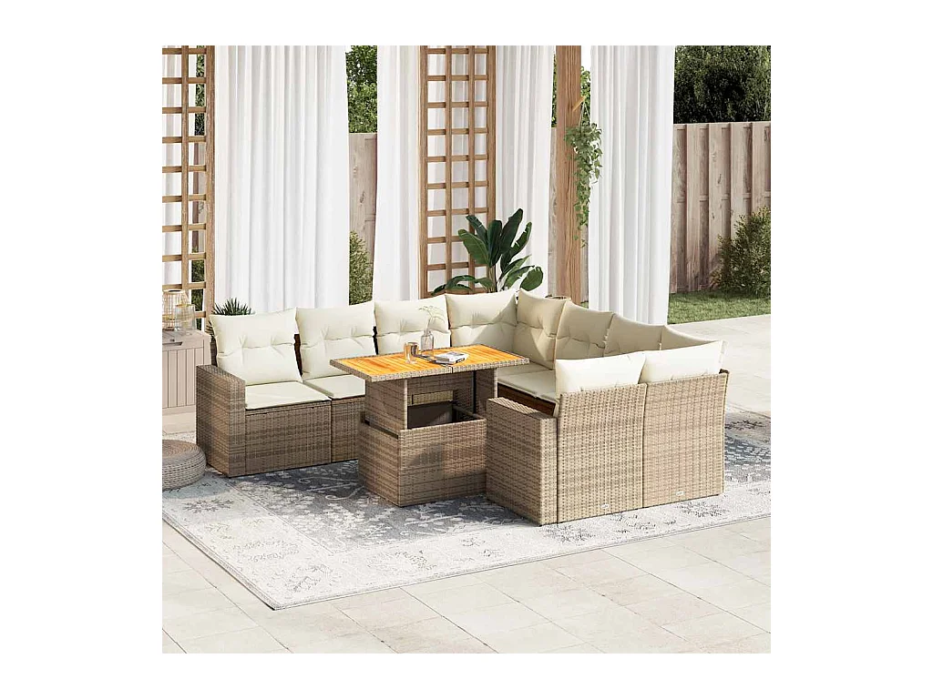 Salon de jardin avec coussins 9 pièces beige résine tressée
