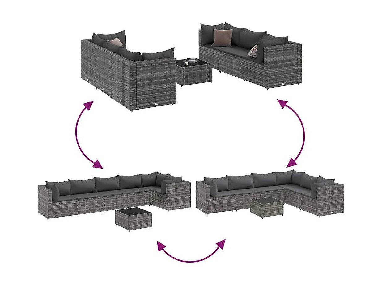 Set de muebles de jardín 7 piezas y cojines ratán sintético gris