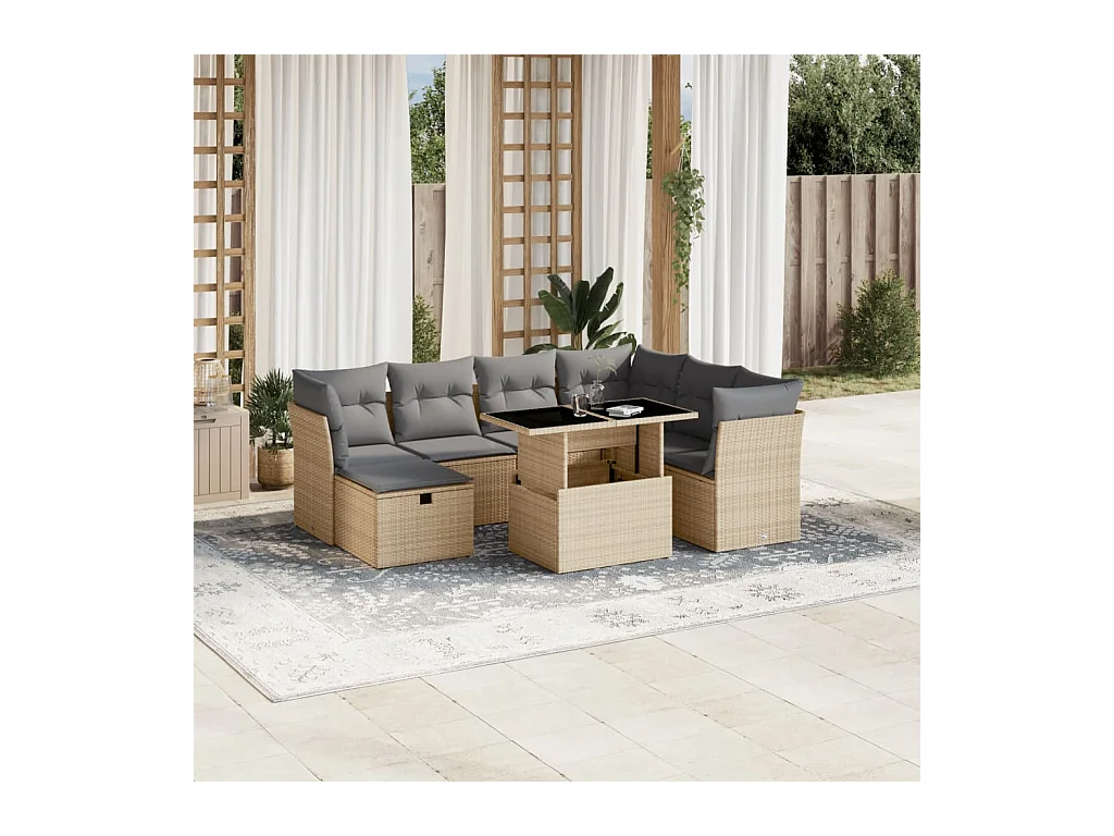 Salon de jardin avec coussins 8 pièces beige résine tressée