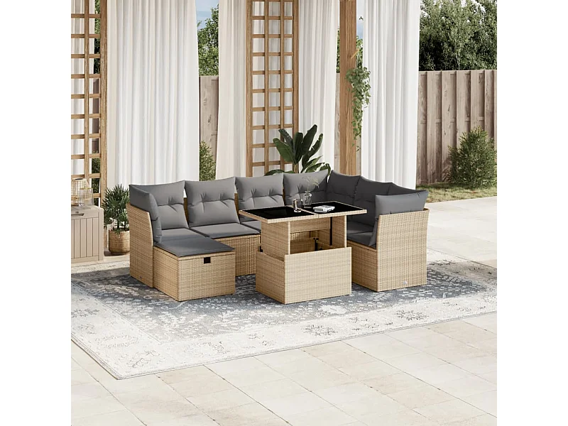 8 peças conjunto de sofás para jardim com almofadões vime PE bege