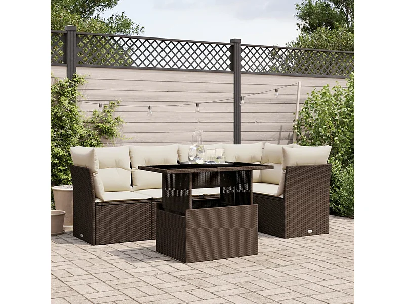 Set sofás de jardín 6 piezas y cojines ratán sintético marrón
