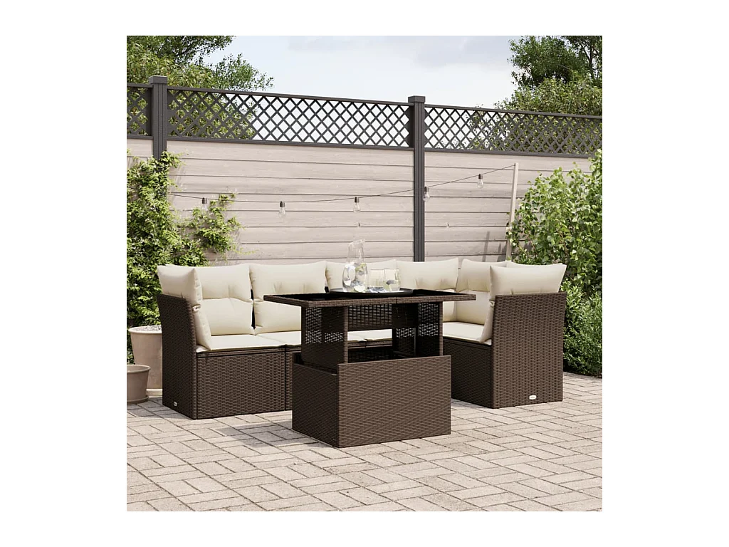 6-delige Loungeset met kussens poly rattan bruin