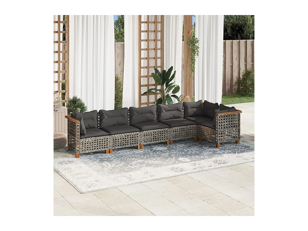 6-delige Loungeset met kussens poly rattan grijs