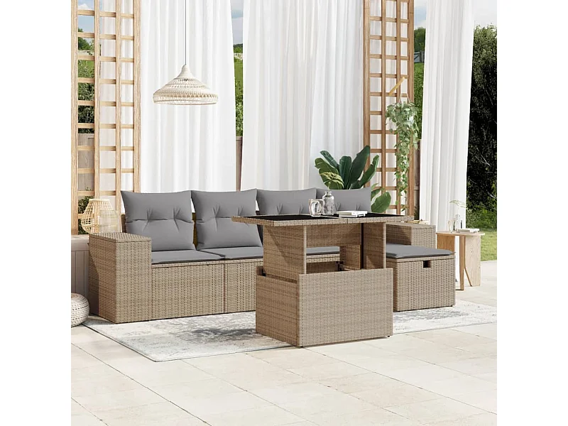 6 peças conjunto de sofás para jardim com almofadões vime PE bege