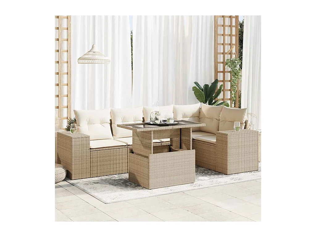 Salon de jardin avec coussins 6 pièces beige résine tressée