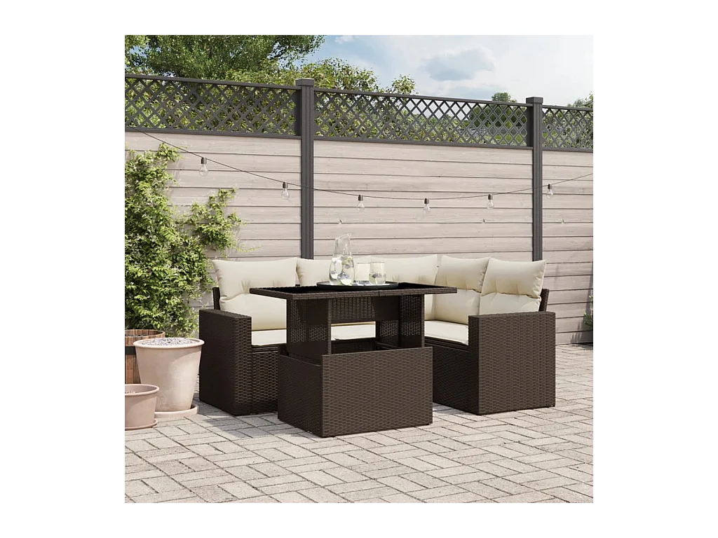 Salon de jardin avec coussins 5 pièces marron résine tressée