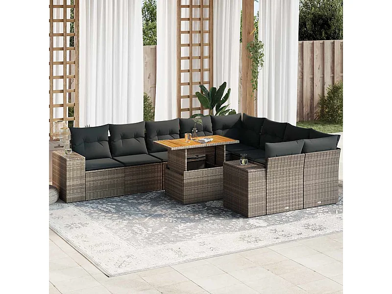 10 peças conjunto sofás jardim almofadões vime PE/acácia cinzento