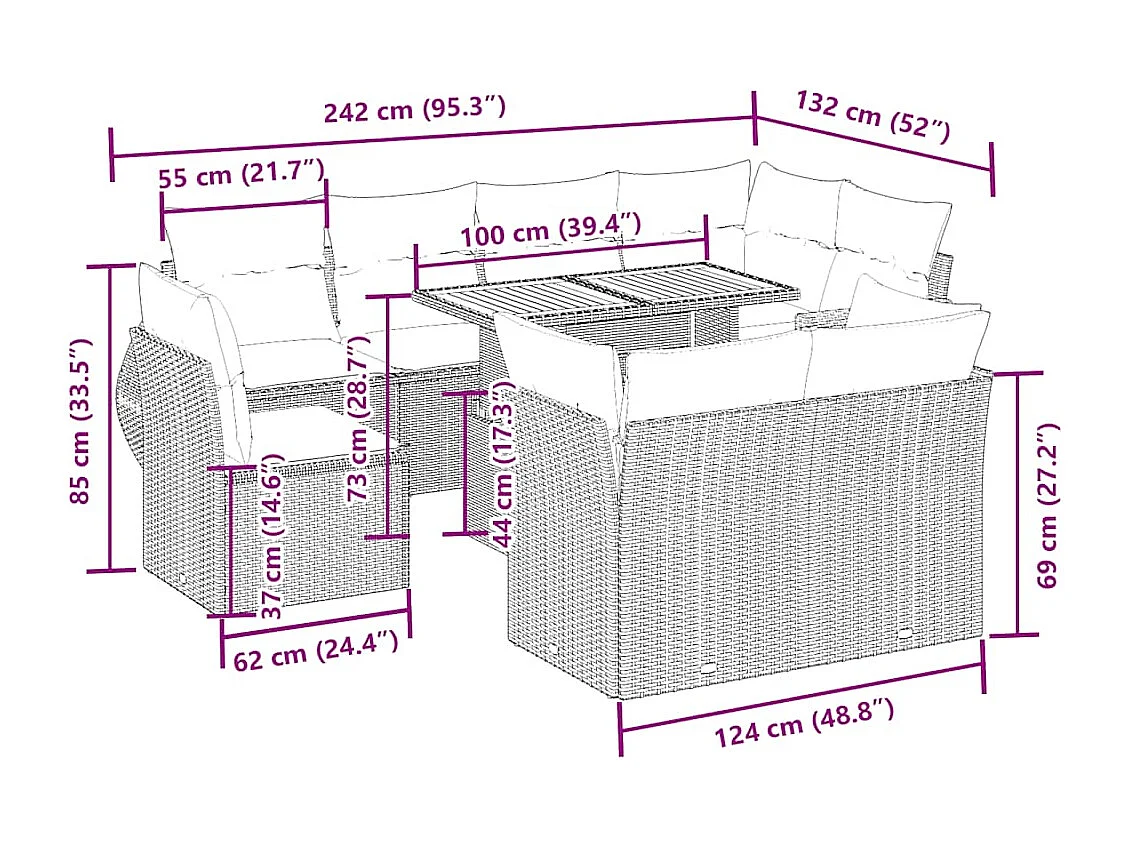Salon de jardin avec coussins 9 pièces beige résine tressée