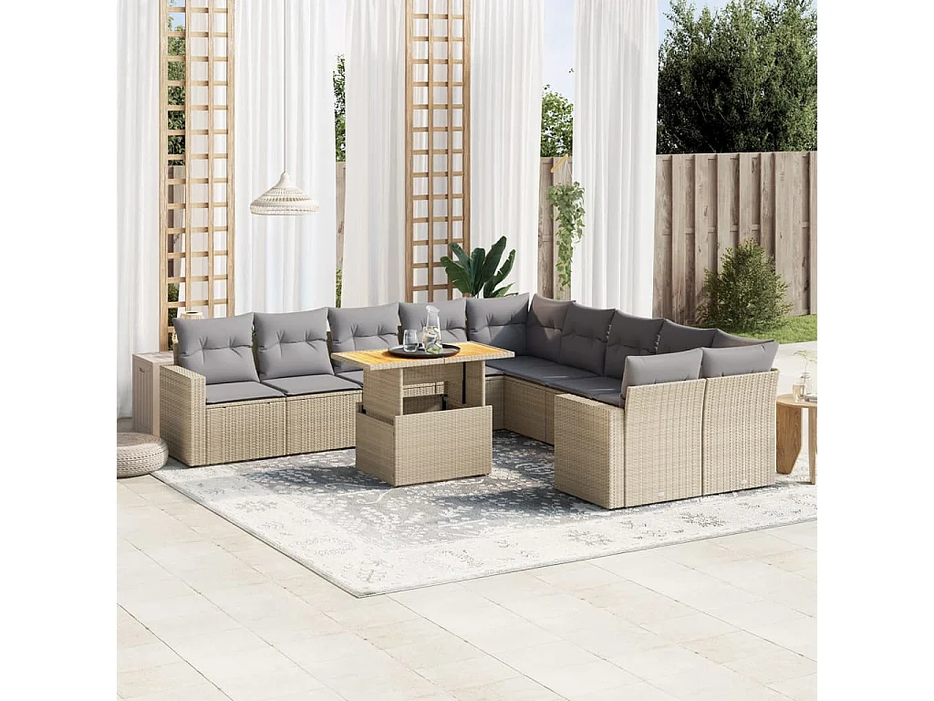 11-delige Tuinset met kussens poly rattan beige