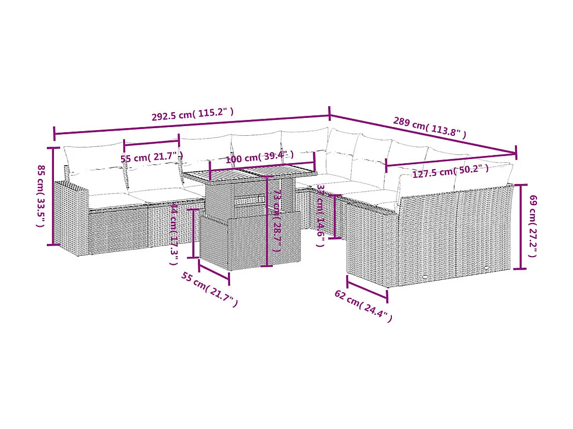 11-delige Tuinset met kussens poly rattan beige