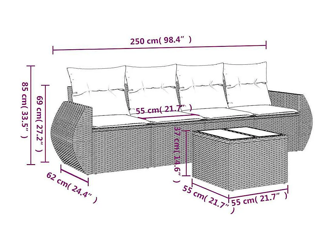 Salon de jardin 5 pièces avec coussins gris clair résine tressée