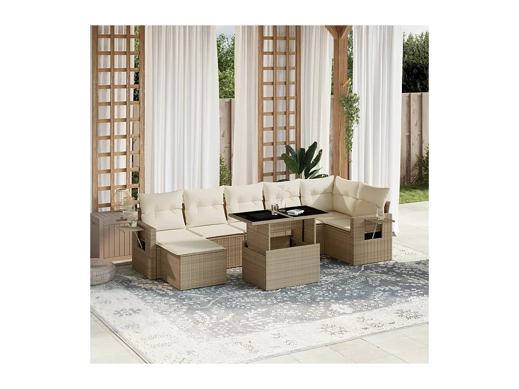 8 peças conjunto de sofás para jardim com almofadões vime PE bege