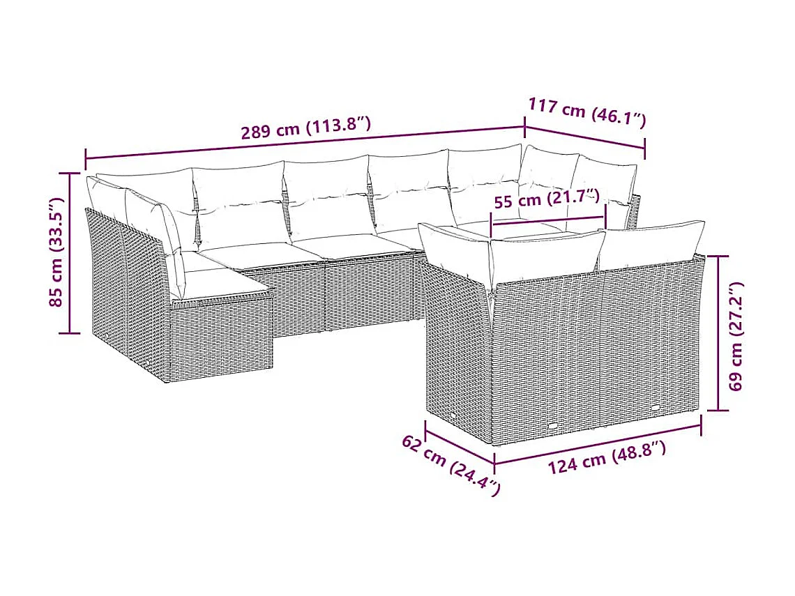 Salon de jardin 9 pièces avec coussins gris clair résine tressée