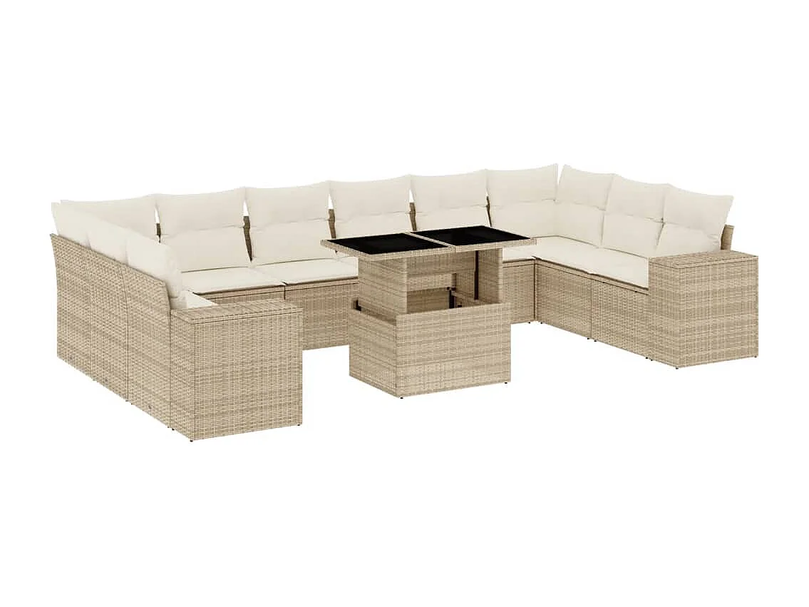 Salon de jardin 11 pièces avec coussins beige résine tressée