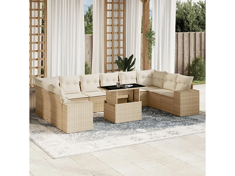 11-delige Tuinset met kussens poly rattan beige