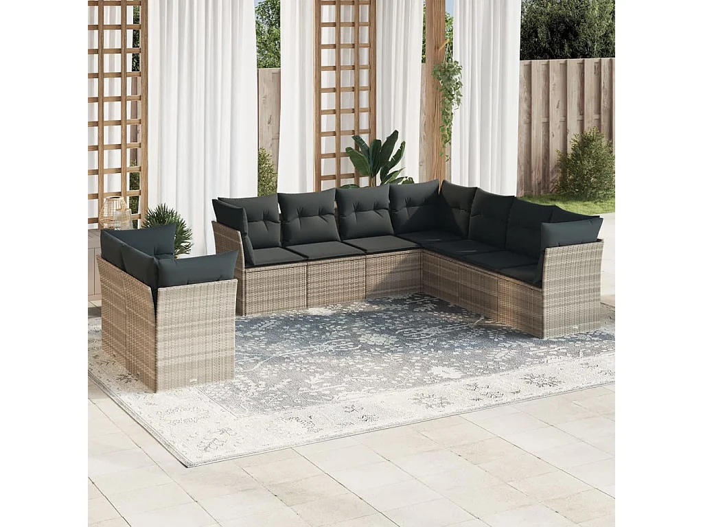 Set muebles jardín 9 piezas y cojines ratán sintético gris claro