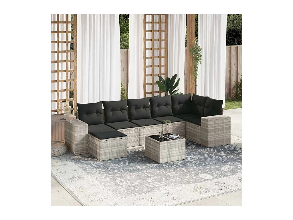 Set de sofás de jardín 8 piezas y cojines ratán sintético gris