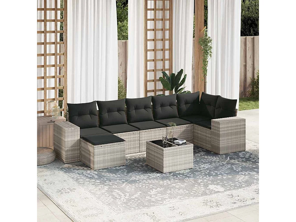 Salon de jardin 8 pièces avec coussins gris clair résine tressée