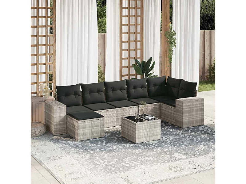 Salon de jardin 8 pièces avec coussins gris clair résine tressée