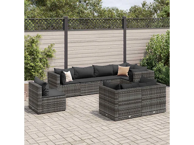 8 peças conjunto lounge de jardim com almofadões vime PE cinzento