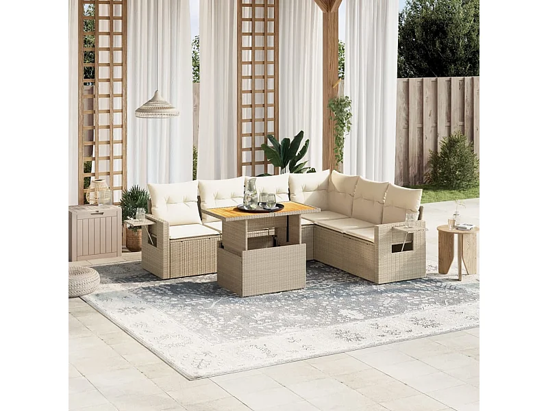 Salon de jardin avec coussins 7 pièces beige résine tressée