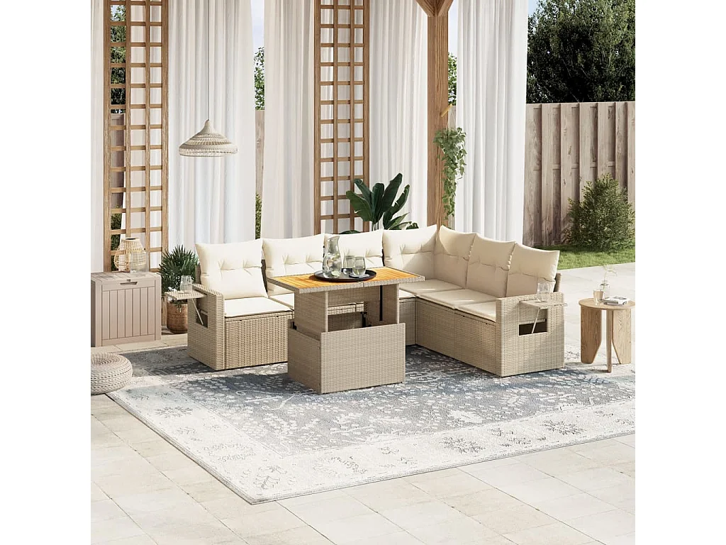 Salon de jardin avec coussins 7 pièces beige résine tressée