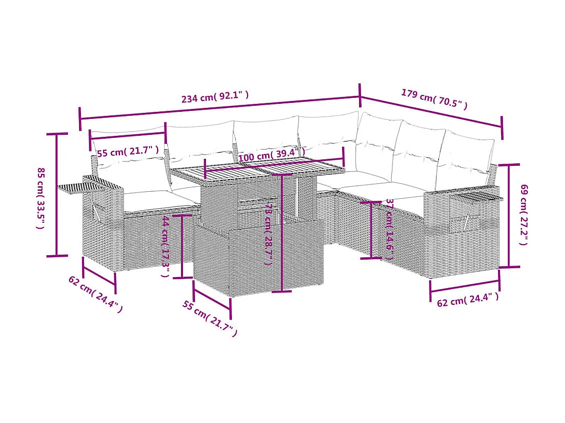 Salon de jardin avec coussins 7 pièces beige résine tressée
