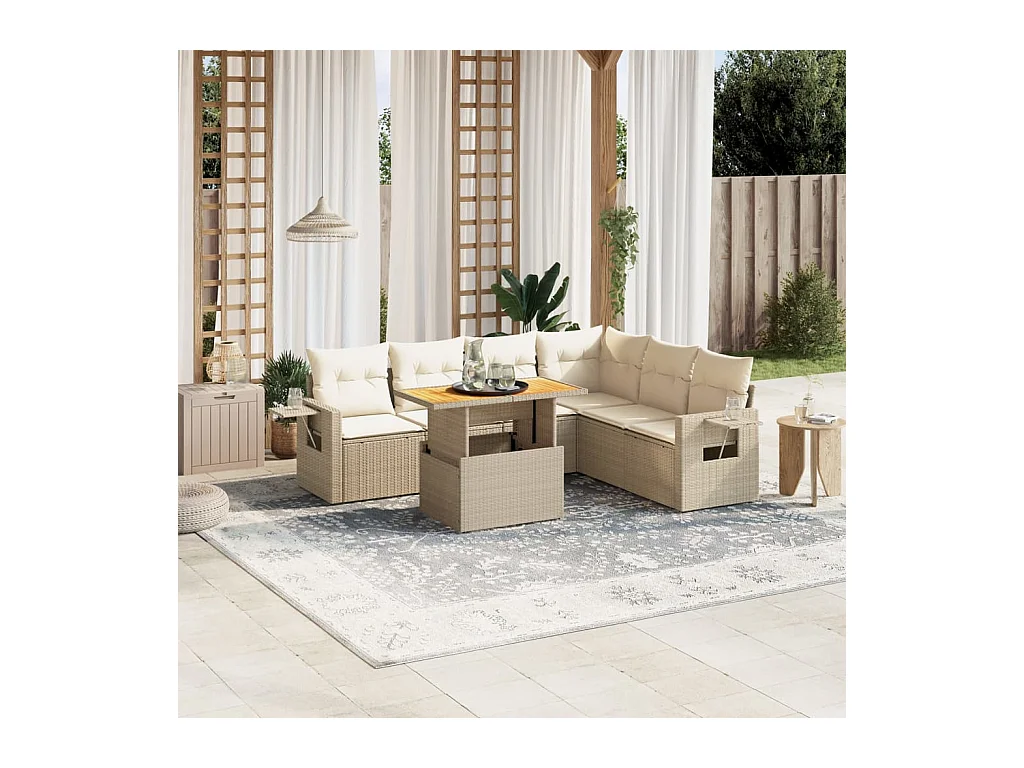 7 peças conjunto de sofás para jardim com almofadões vime PE bege