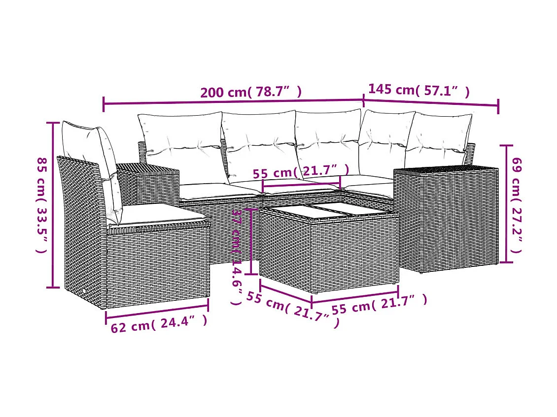 Set de sofás de jardín 6 piezas y cojines ratán sintético gris