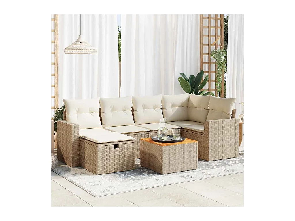 7-delige Loungeset met kussens poly rattan beige