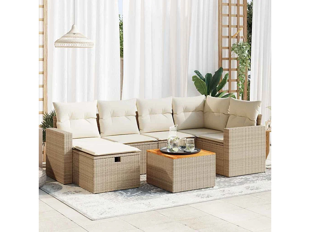 7 peças conjunto de sofás para jardim com almofadões vime PE bege