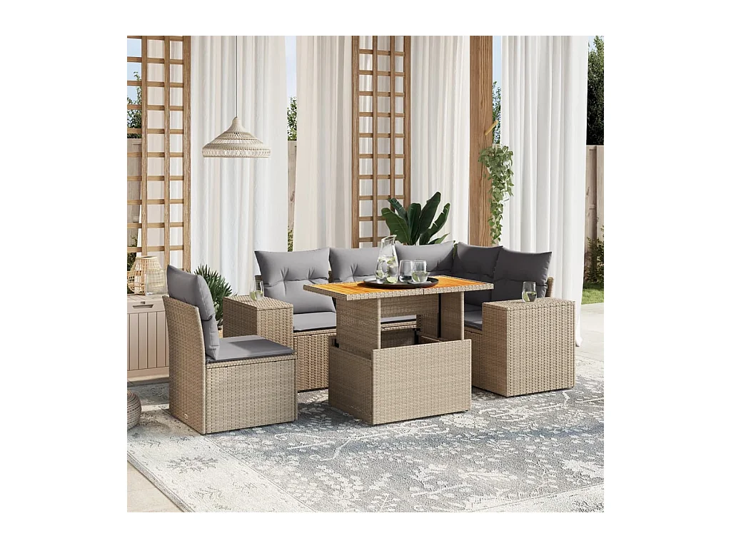 6-delige Loungeset met kussens poly rattan beige