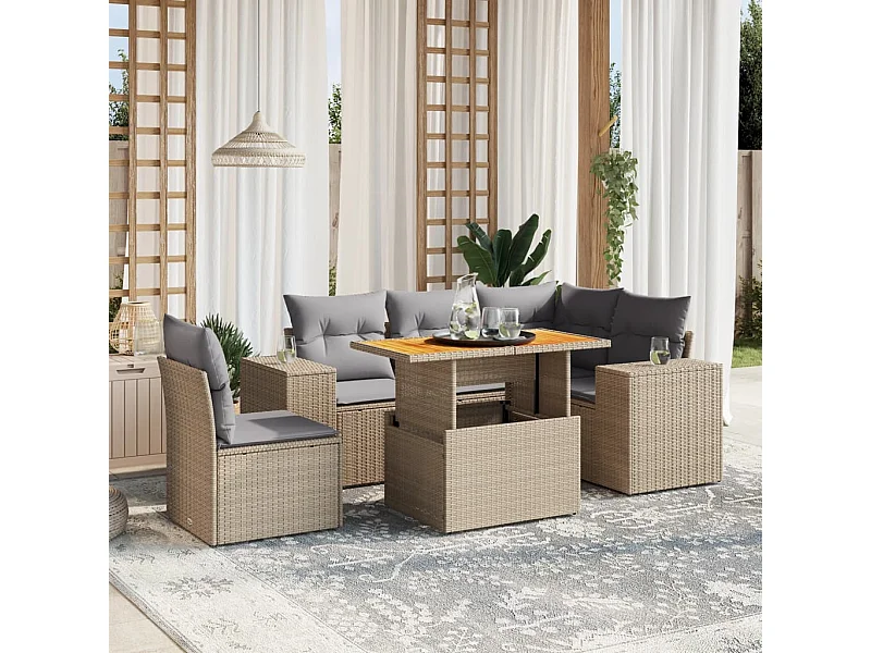 Salon de jardin avec coussins 6 pièces beige résine tressée